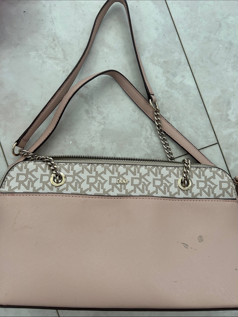DKNY Blush Pink Logo-Trim Shoulder Bag with Gold Hardware